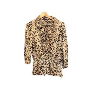 Y2K AGB Leopard Print Ruffled Peplum Blouse Maximalist Retro Sheer Chiffon